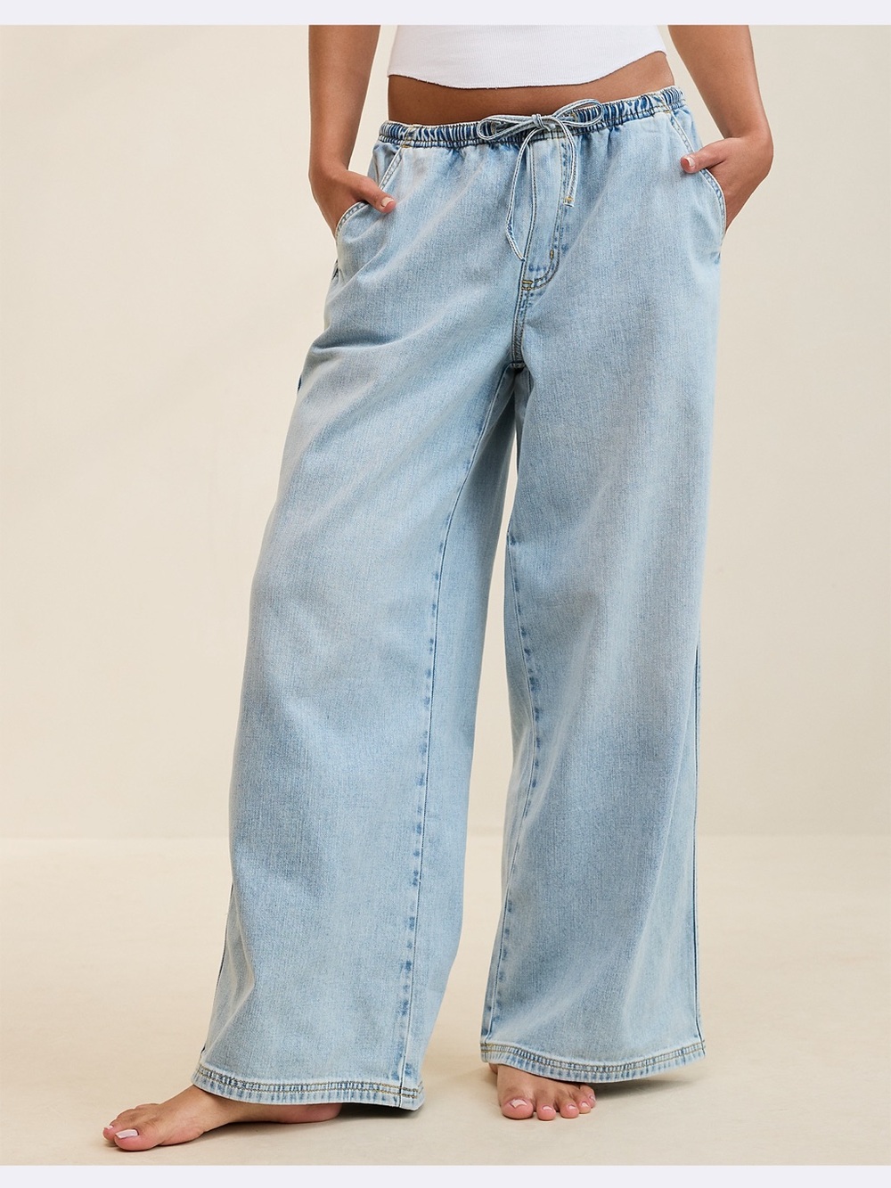 Aerie Daydream Light Blue Denim Pull On Pants Women Medium Regular Wide Leg NWT